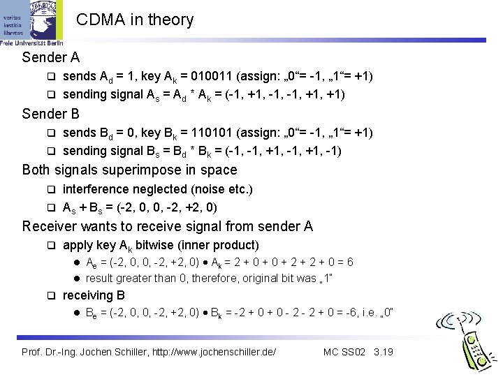 CDMA in theory Sender A sends Ad = 1, key Ak = 010011 (assign: