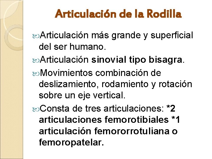 Articulación de la Rodilla Articulación más grande y superficial del ser humano. Articulación sinovial