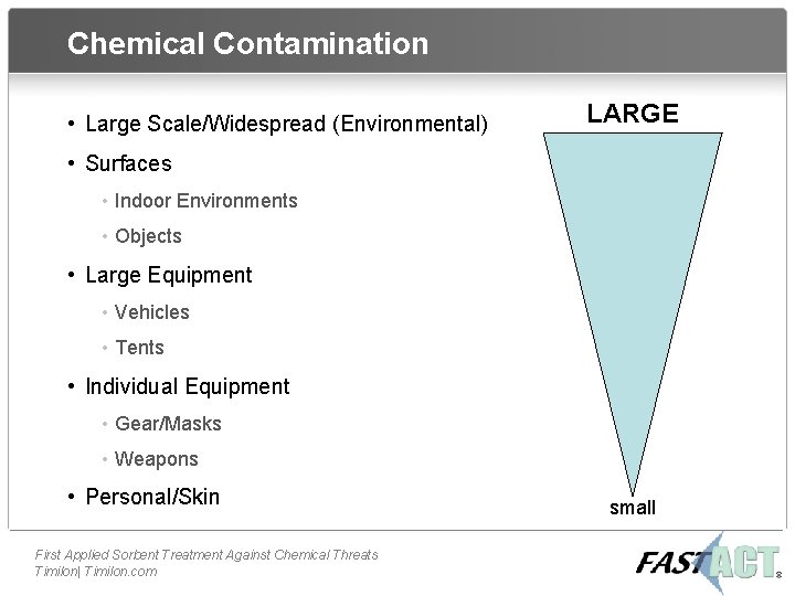 Chemical Contamination • Large Scale/Widespread (Environmental) LARGE • Surfaces • Indoor Environments • Objects