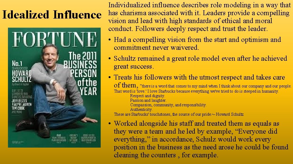 Idealized Influence Individualized influence describes role modeling in a way that has charisma associated