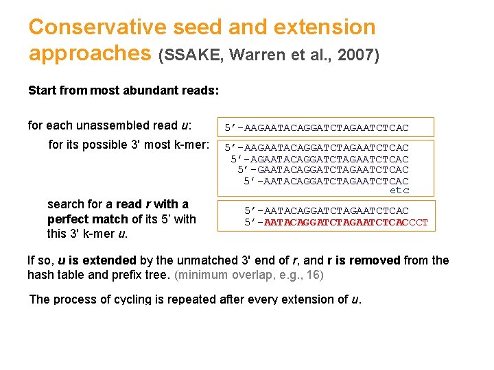 Conservative seed and extension approaches (SSAKE, Warren et al. , 2007) Start from most