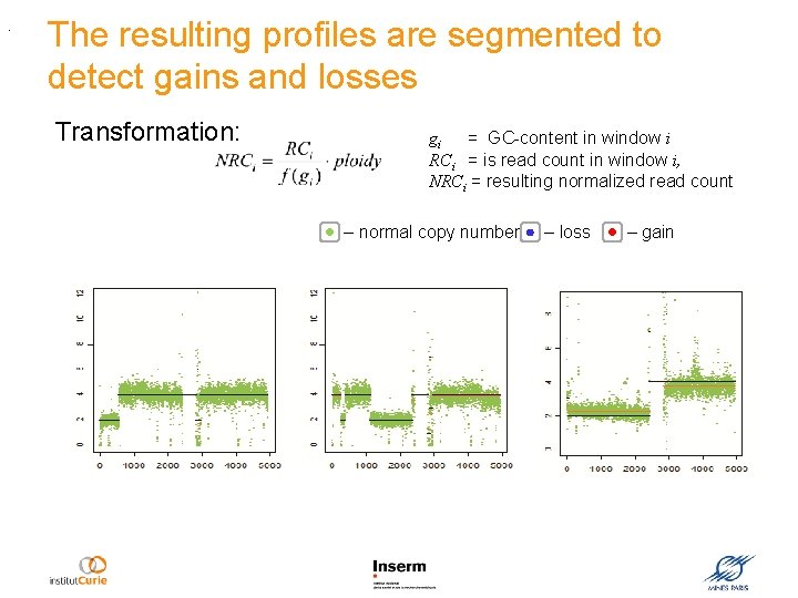 The resulting profiles are segmented to detect gains and losses Transformation: gi = GC-content
