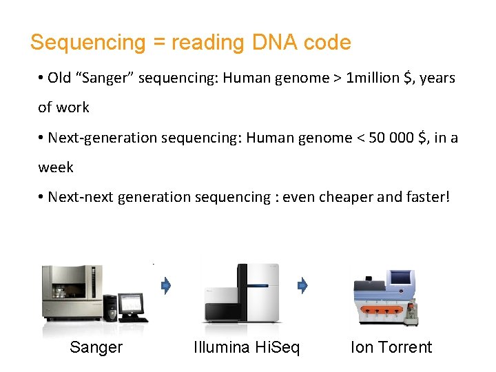 Sequencing = reading DNA code • Old “Sanger” sequencing: Human genome > 1 million