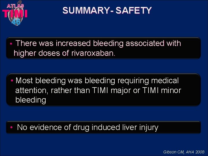 ATLAS TIMI SUMMARY- SAFETY 46 • There was increased bleeding associated with higher doses