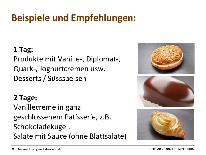 Beispiele und Empfehlungen: 1 Tag: Produkte mit Vanille-, Diplomat-, Quark-, Joghurtcrèmen usw. Desserts /