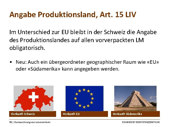 Angabe Produktionsland, Art. 15 LIV Im Unterschied zur EU bleibt in der Schweiz die