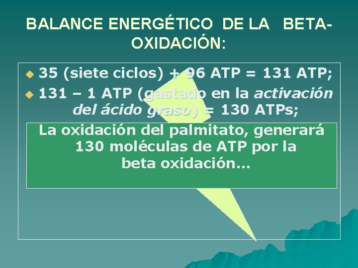 BALANCE ENERGÉTICO DE LA BETAOXIDACIÓN: 35 (siete ciclos) + 96 ATP = 131 ATP;