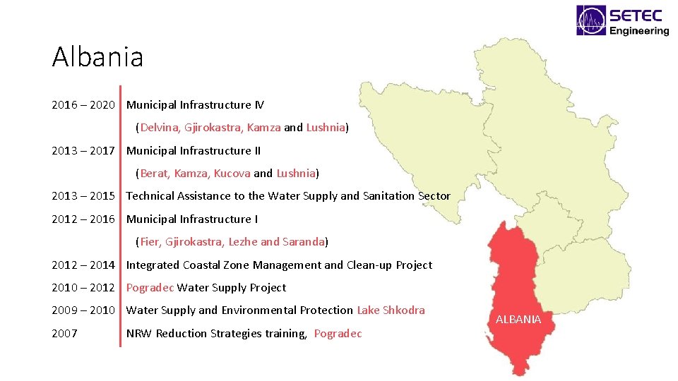 Albania 2016 – 2020 Municipal Infrastructure IV (Delvina, Gjirokastra, Kamza and Lushnia) 2013 –