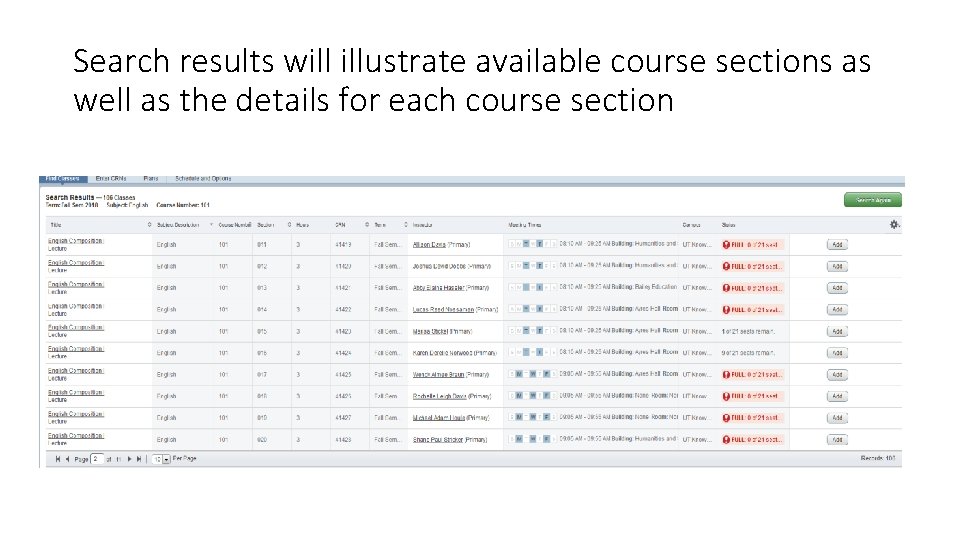 Search results will illustrate available course sections as well as the details for each