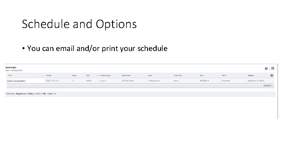 Schedule and Options • You can email and/or print your schedule 