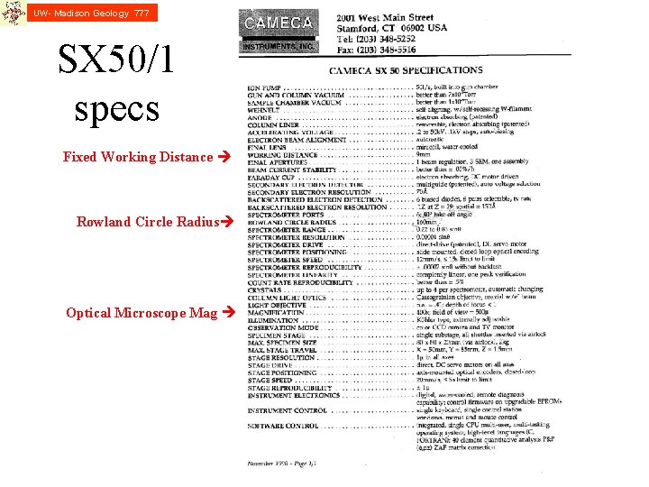 UW- Madison Geology 777 SX 50/1 specs Fixed Working Distance Rowland Circle Radius Optical