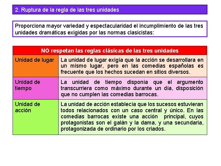 2. Ruptura de la regla de las tres unidades Proporciona mayor variedad y espectacularidad 2. Ruptura de la regla de las tres unidades Proporciona mayor variedad y espectacularidad