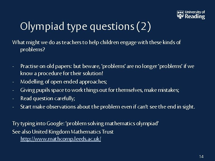 Olympiad type questions (2) What might we do as teachers to help children engage