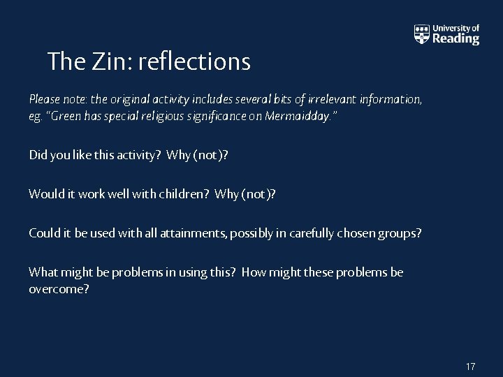 The Zin: reflections Please note: the original activity includes several bits of irrelevant information,