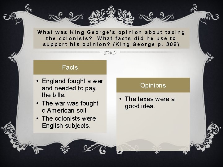 What was King George’s opinion about taxing the colonists? What facts did he use