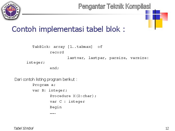 Contoh implementasi tabel blok : Tab. Blok: array [1. . tabmax] of record lastvar,