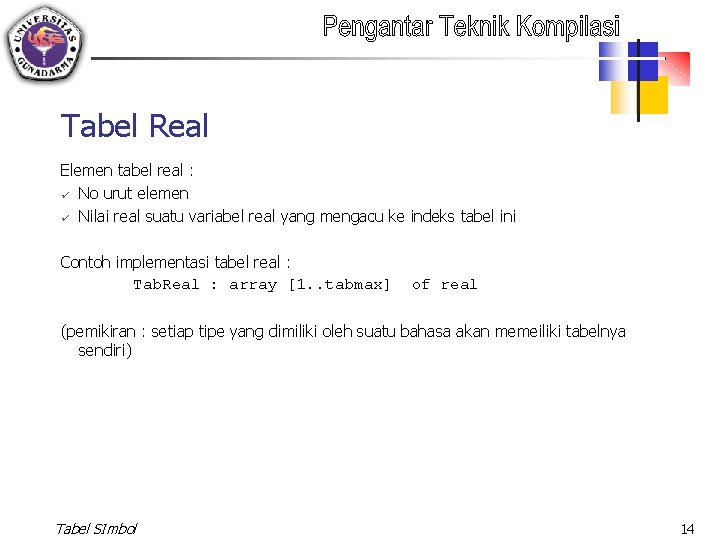 Tabel Real Elemen tabel real : ü No urut elemen ü Nilai real suatu