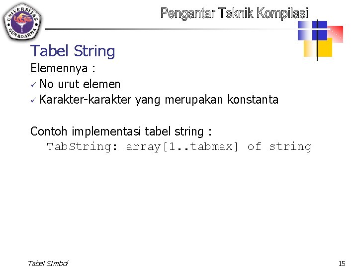 Tabel String Elemennya : ü No urut elemen ü Karakter-karakter yang merupakan konstanta Contoh