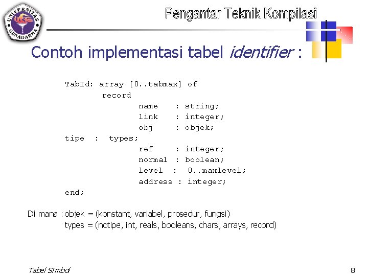 Contoh implementasi tabel identifier : Tab. Id: array [0. . tabmax] of record name