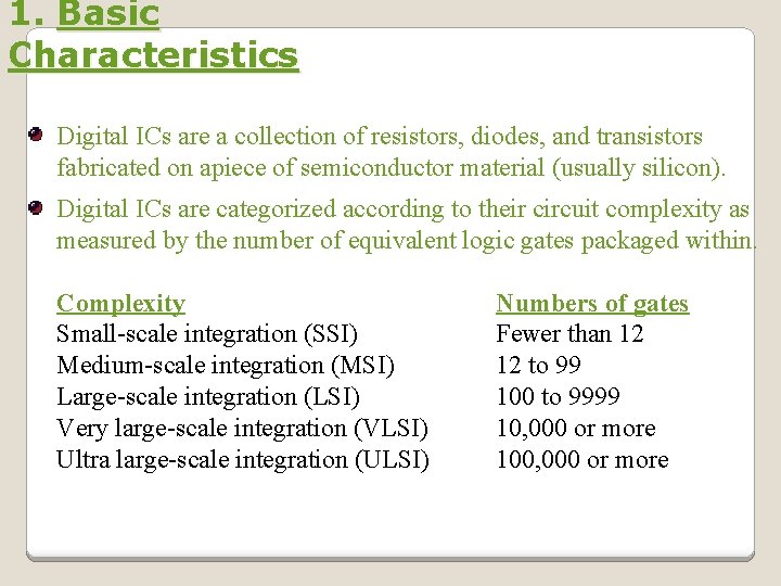 1. Basic Characteristics Digital ICs are a collection of resistors, diodes, and transistors fabricated 1. Basic Characteristics Digital ICs are a collection of resistors, diodes, and transistors fabricated