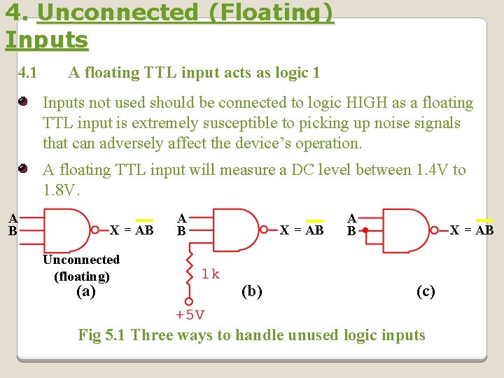 4. Unconnected (Floating) Inputs 4. 1 A floating TTL input acts as logic 1 4. Unconnected (Floating) Inputs 4. 1 A floating TTL input acts as logic 1