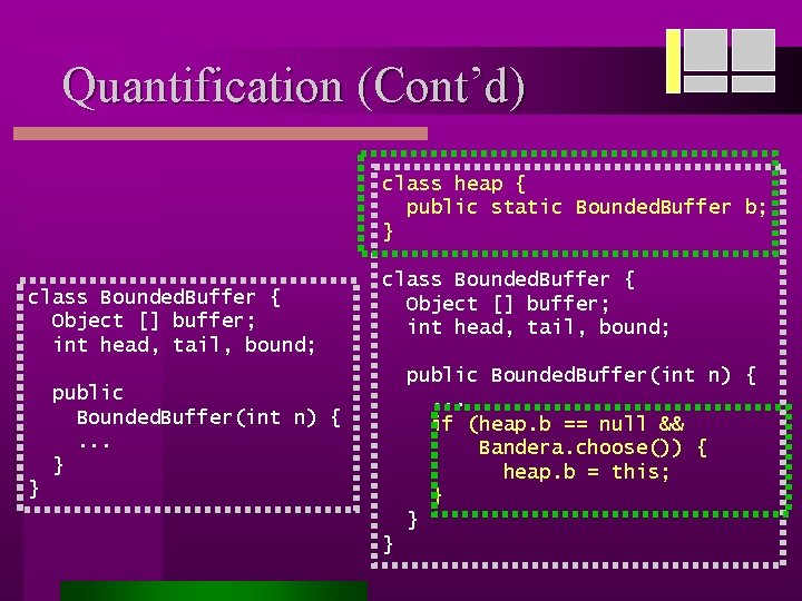 Quantification (Cont’d) class heap { public static Bounded. Buffer b; } class Bounded. Buffer