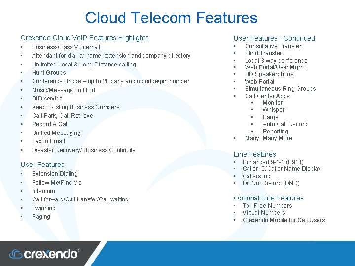 Cloud Telecom Features Crexendo Cloud Vo. IP Features Highlights User Features - Continued •
