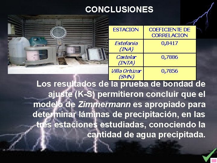 CONCLUSIONES ESTACION COEFICIENTE DE CORRELACION Estefanía (INA) 0, 8417 Castelar (INTA) 0, 7886 Villa