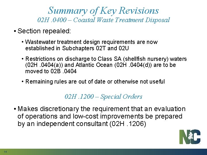 Summary of Key Revisions 02 H. 0400 – Coastal Waste Treatment Disposal • Section