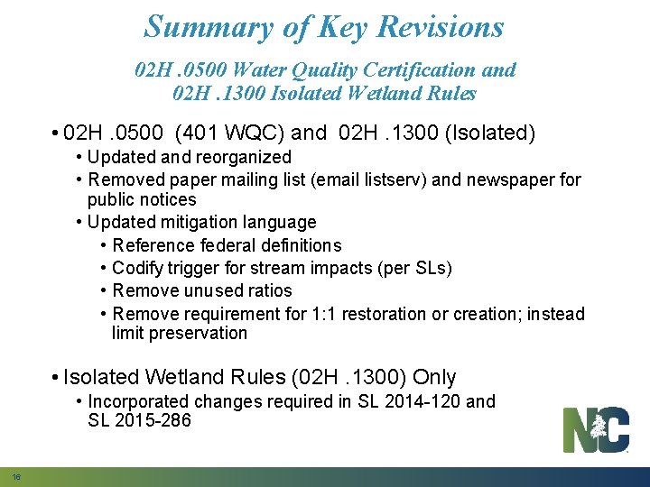 Summary of Key Revisions 02 H. 0500 Water Quality Certification and 02 H. 1300
