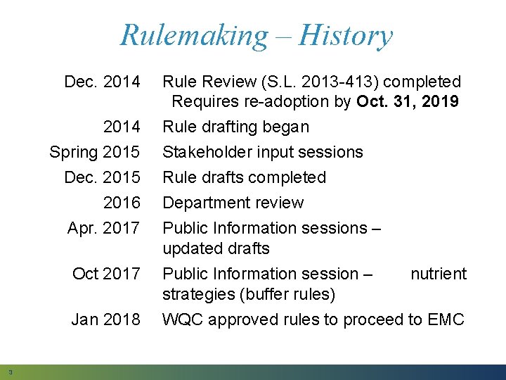 Rulemaking – History Dec. 2014 Spring 2015 Dec. 2015 2016 Apr. 2017 Oct 2017