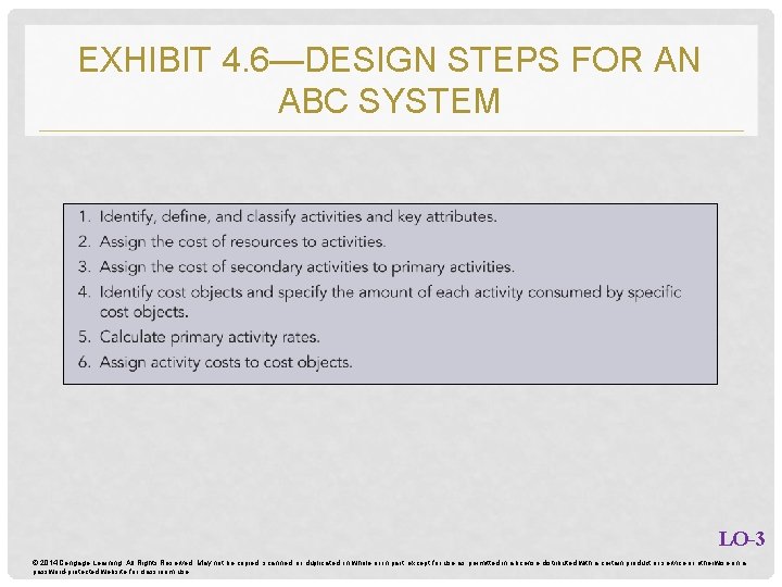 EXHIBIT 4. 6—DESIGN STEPS FOR AN ABC SYSTEM LO-3 © 2014 Cengage Learning. All