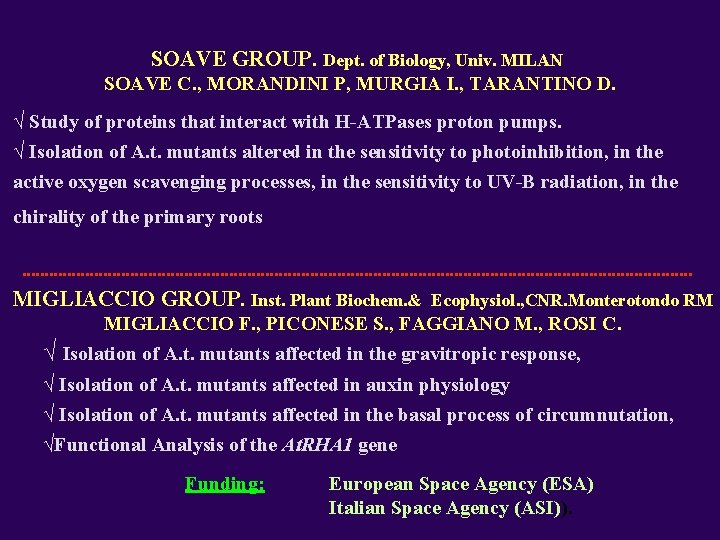 SOAVE GROUP. Dept. of Biology, Univ. MILAN SOAVE C. , MORANDINI P, MURGIA I.