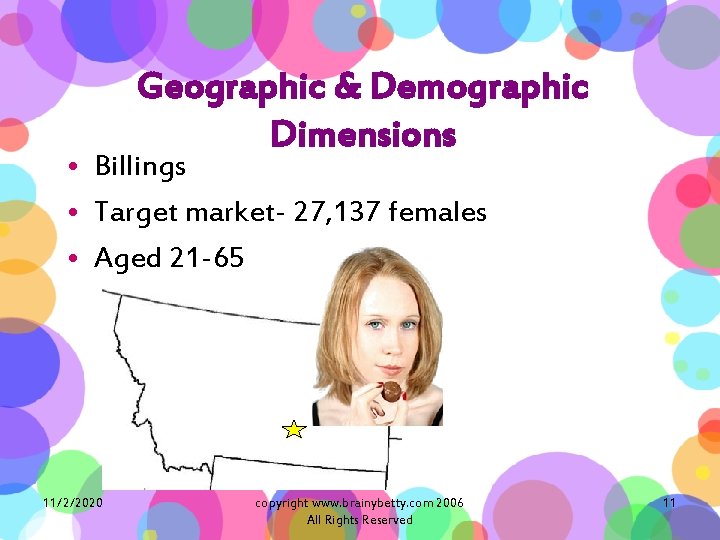 Geographic & Demographic Dimensions • Billings • Target market- 27, 137 females • Aged