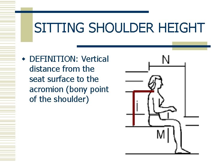 SITTING SHOULDER HEIGHT w DEFINITION: Vertical distance from the seat surface to the acromion
