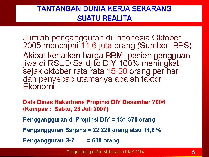 TANTANGAN DUNIA KERJA SEKARANG SUATU REALITA Jumlah pengangguran di Indonesia Oktober 2005 mencapai 11,