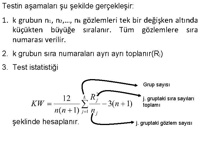 Testin aşamaları şu şekilde gerçekleşir: 1. k grubun n 1, n 2, …, nk