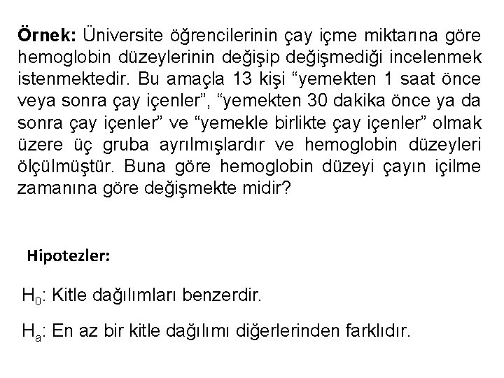 Örnek: Üniversite öğrencilerinin çay içme miktarına göre hemoglobin düzeylerinin değişip değişmediği incelenmek istenmektedir. Bu