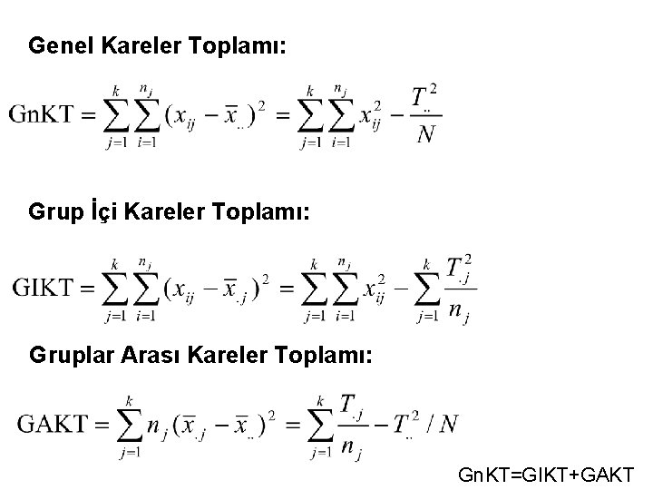 Genel Kareler Toplamı: Grup İçi Kareler Toplamı: Gruplar Arası Kareler Toplamı: Gn. KT=GIKT+GAKT 