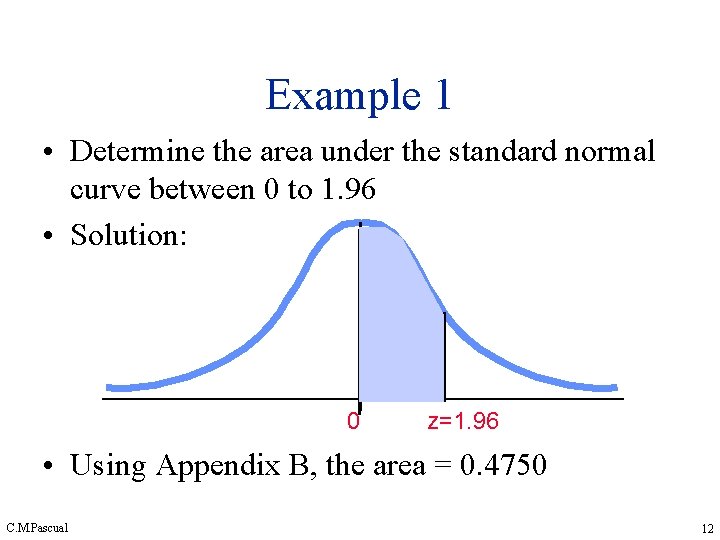 Example 1 • Determine the area under the standard normal curve between 0 to Example 1 • Determine the area under the standard normal curve between 0 to