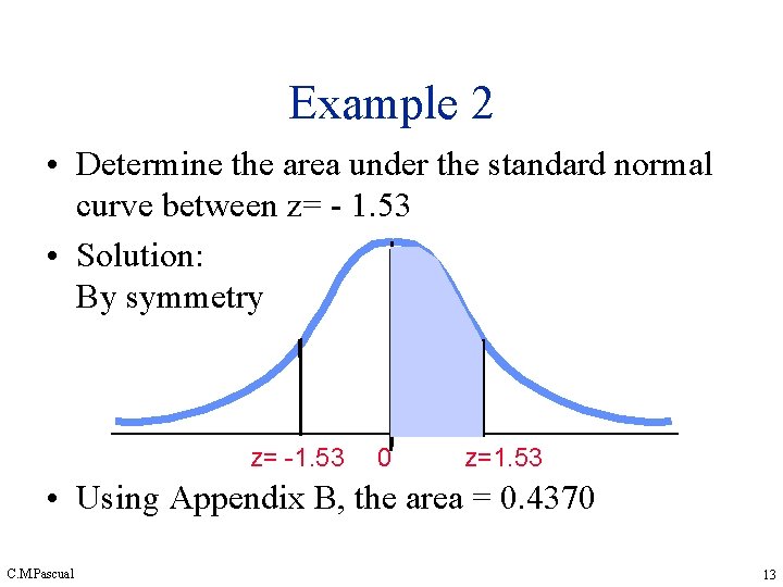 Example 2 • Determine the area under the standard normal curve between z= - Example 2 • Determine the area under the standard normal curve between z= -