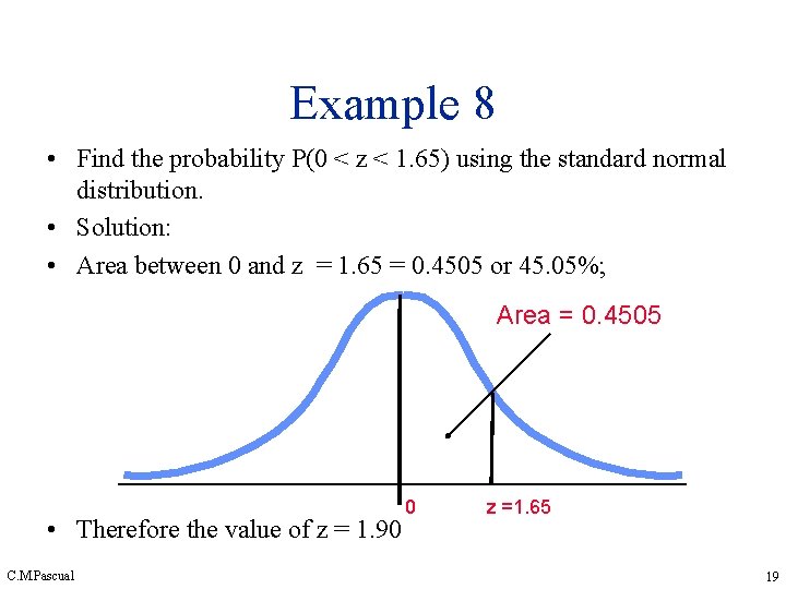 Example 8 • Find the probability P(0 < z < 1. 65) using the Example 8 • Find the probability P(0 < z < 1. 65) using the