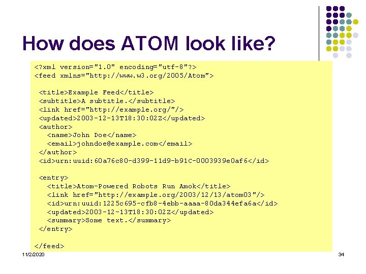 How does ATOM look like? <? xml version="1. 0" encoding="utf-8"? > <feed xmlns="http: //www.