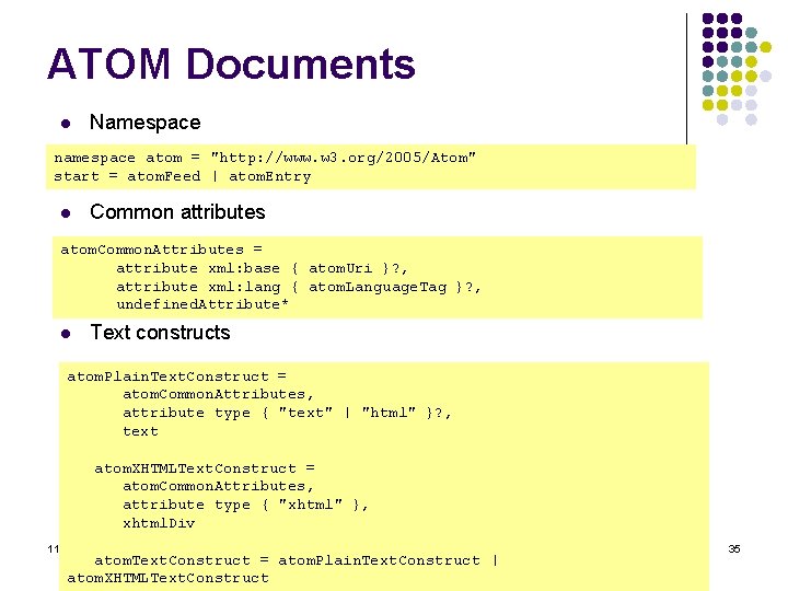 ATOM Documents l Namespace namespace atom = "http: //www. w 3. org/2005/Atom" start =