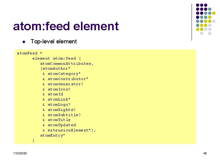 atom: feed element l Top-level element atom. Feed = element atom: feed { atom.