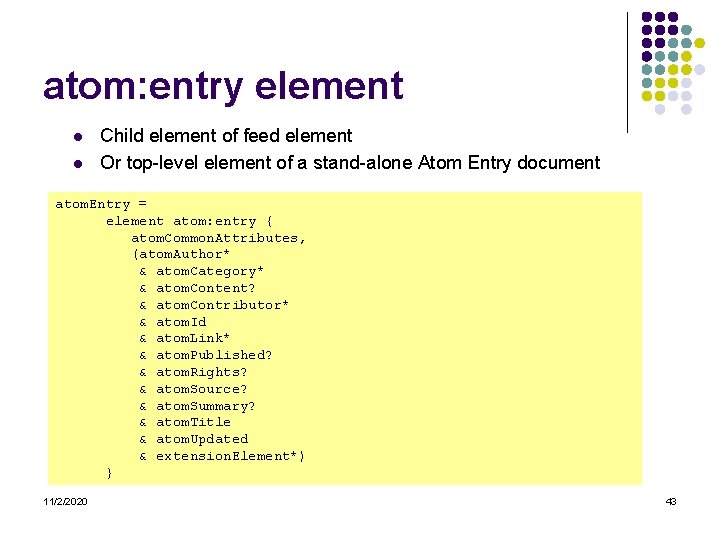 atom: entry element l l Child element of feed element Or top-level element of