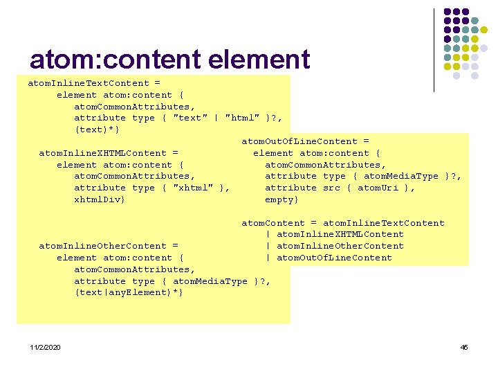 atom: content element atom. Inline. Text. Content = element atom: content { atom. Common.