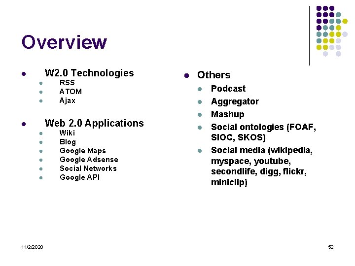 Overview W 2. 0 Technologies l l RSS ATOM Ajax Web 2. 0 Applications