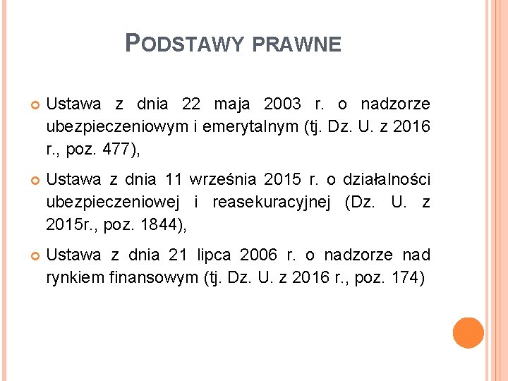 PODSTAWY PRAWNE Ustawa z dnia 22 maja 2003 r. o nadzorze ubezpieczeniowym i emerytalnym