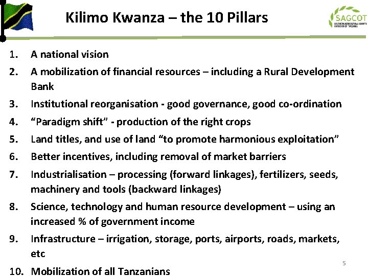 Kilimo Kwanza – the 10 Pillars 1. A national vision 2. A mobilization of